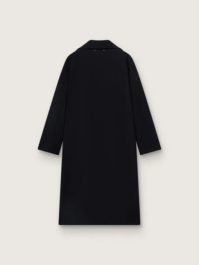 Einreihiger Cocoon-Mantel für Damen aus dunkelblauer Wolle mit goldenem Knopf