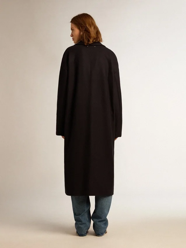 Einreihiger Cocoon-Mantel für Damen aus dunkelblauer Wolle mit goldenem Knopf
