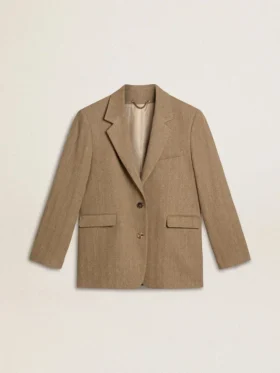 Einreihiger Damen-Blazer in sandfarbenem Fischgrätenmuster