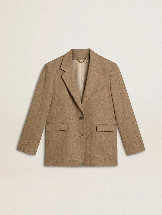 Einreihiger Damen-Blazer in sandfarbenem Fischgrätenmuster