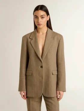 Einreihiger Damen-Blazer in sandfarbenem Fischgrätenmuster
