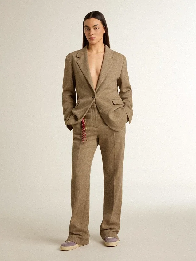 Einreihiger Damen-Blazer in sandfarbenem Fischgrätenmuster