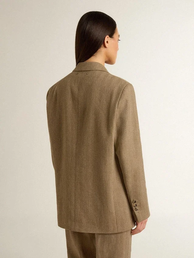 Einreihiger Damen-Blazer in sandfarbenem Fischgrätenmuster
