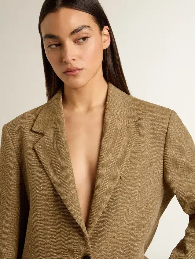 Einreihiger Damen-Blazer in sandfarbenem Fischgrätenmuster