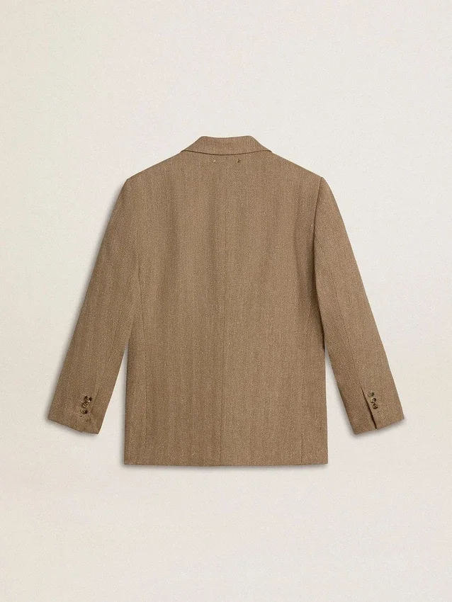 Einreihiger Damen-Blazer in sandfarbenem Fischgrätenmuster