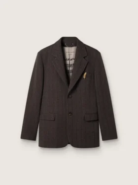 Einreihiger Herren-Blazer aus dunkelbrauner Wolle mit feinem Streifenmuster