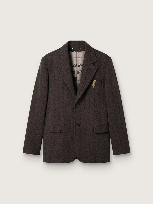 Einreihiger Herren-Blazer aus dunkelbrauner Wolle mit feinem Streifenmuster