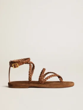 Flache Penelope-Sandalen für Damen aus tabakfarbenem Leder mit Wildledersohle