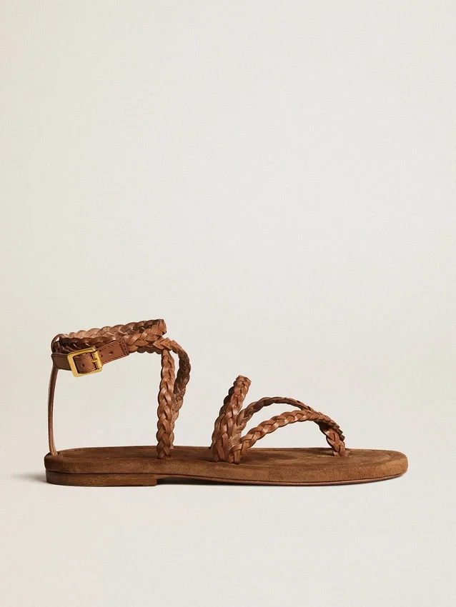 Flache Penelope-Sandalen für Damen aus tabakfarbenem Leder mit Wildledersohle