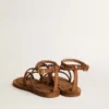 Flache Penelope-Sandalen für Damen aus tabakfarbenem Leder mit Wildledersohle