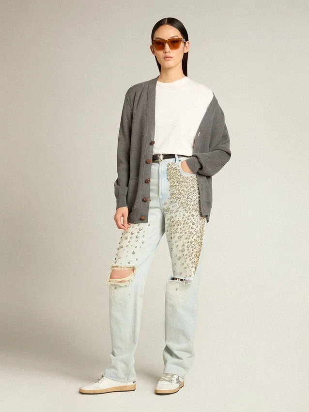 Gebleichte Damenjeans mit Cabochon-Kristallen