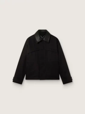 Gepolsterte Herren-Kurzjacke aus schwarzer Baumwolle mit Lederkragen