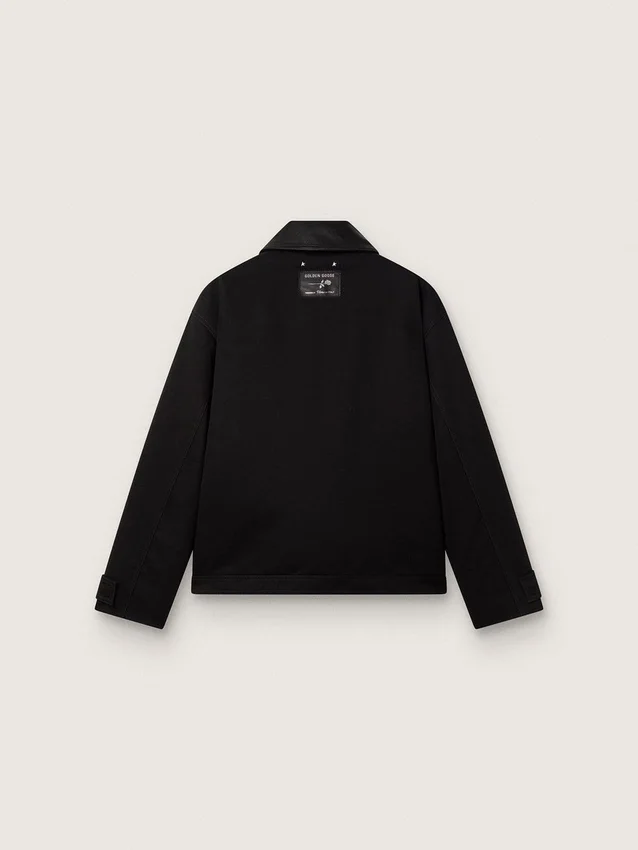 Gepolsterte Herren-Kurzjacke aus schwarzer Baumwolle mit Lederkragen