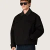 Gepolsterte Herren-Kurzjacke aus schwarzer Baumwolle mit Lederkragen