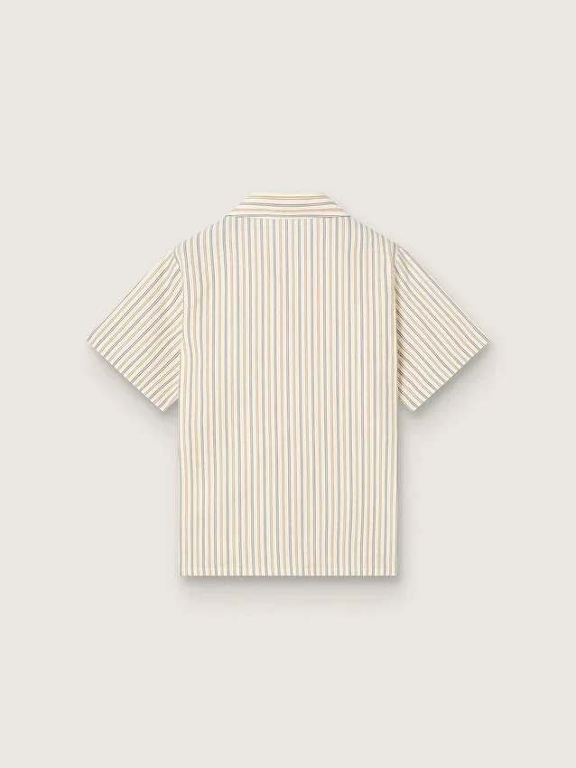 Gestreiftes Hemd für Jungen in Ecru, Beige und Grau mit «Frutteria Golden»-Stickerei