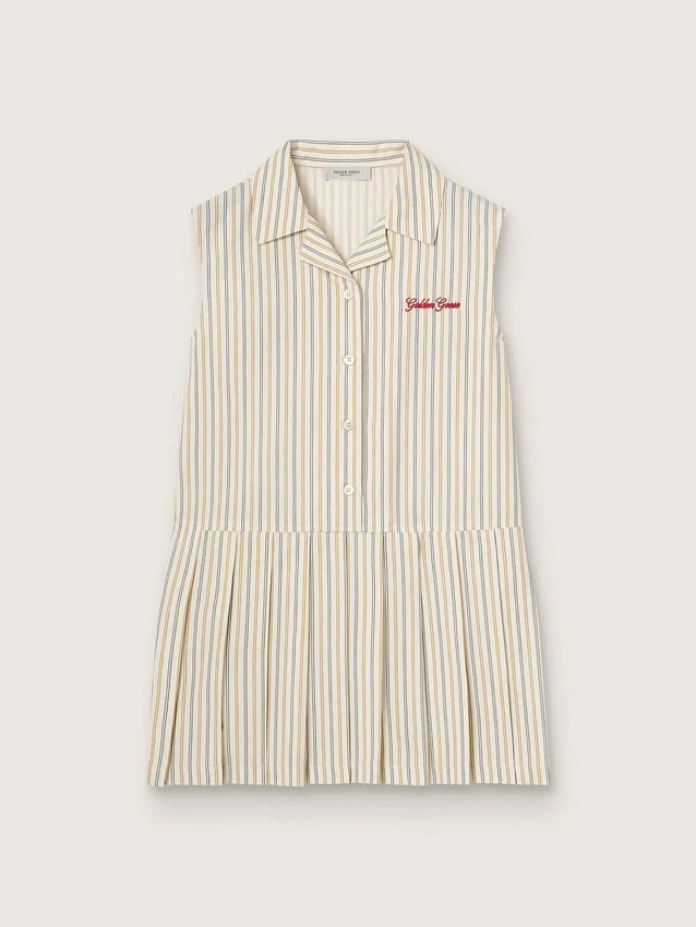 Gestreiftes, ärmelloses Hemdkleid für Mädchen in Ecru, Beige und Grau
