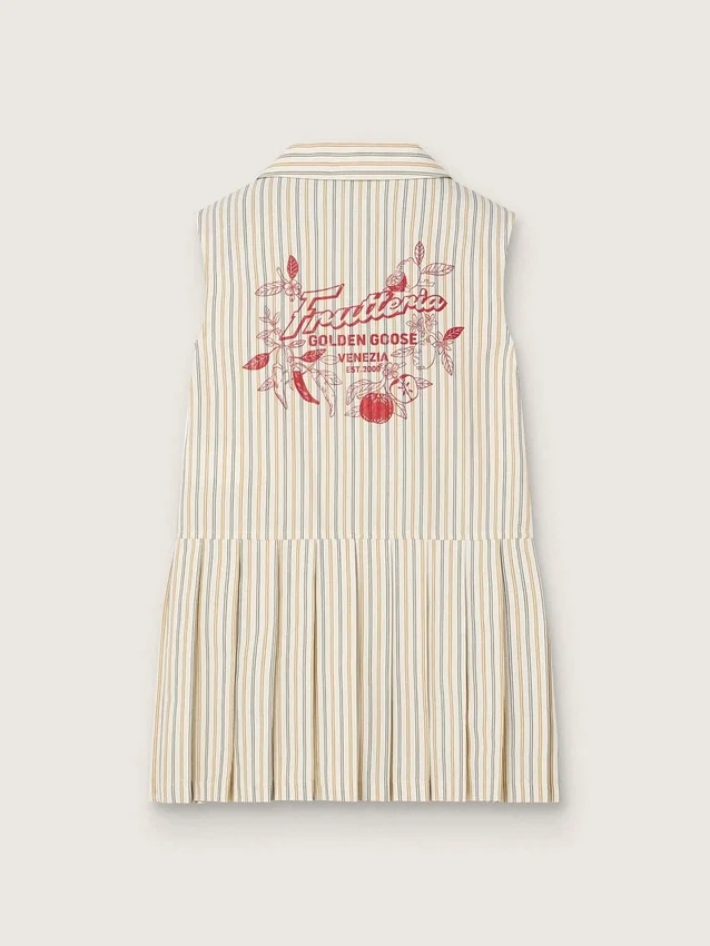 Gestreiftes, ärmelloses Hemdkleid für Mädchen in Ecru, Beige und Grau