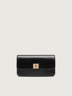 Gioia-Tasche aus schwarzem, geprägtem Leder mit goldenen Details