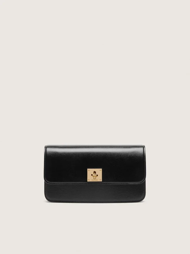 Gioia-Tasche aus schwarzem, geprägtem Leder mit goldenen Details