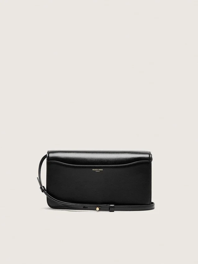 Gioia-Tasche aus schwarzem, geprägtem Leder mit goldenen Details
