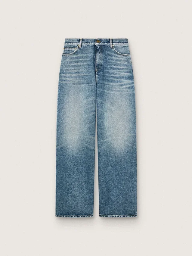 Goldene Boyfriend-Jeans für Damen aus hellblauem, stonewashed Denim