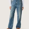 Goldene Boyfriend-Jeans für Damen aus hellblauem, stonewashed Denim