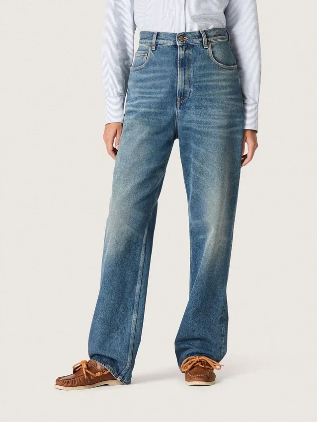 Goldene Boyfriend-Jeans für Damen aus hellblauem, stonewashed Denim