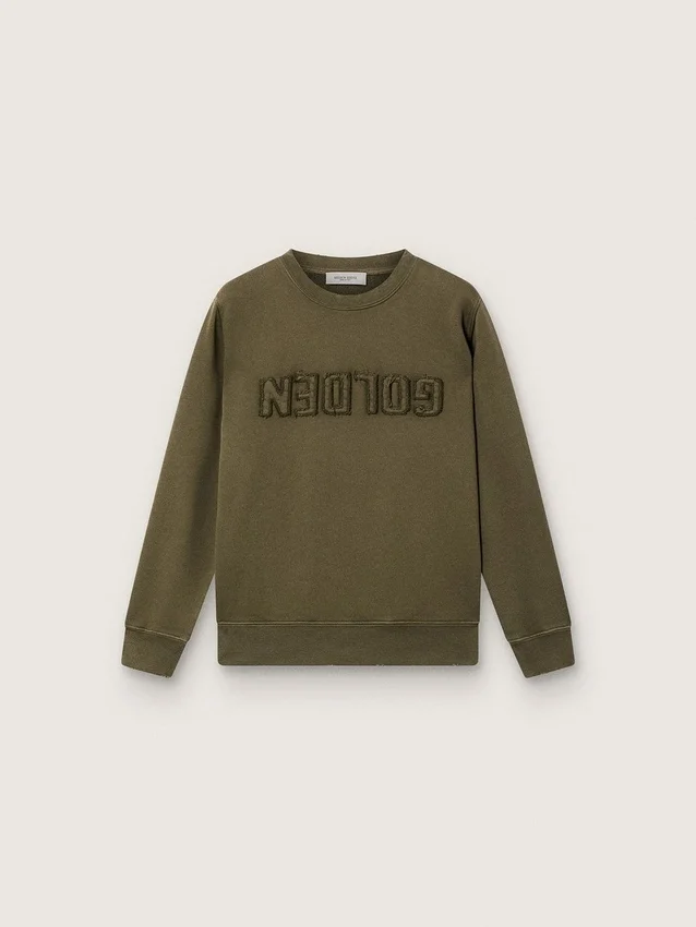 Goldenes Unisex-Sweatshirt aus militärgrüner Baumwolle mit umgekehrtem Logo
