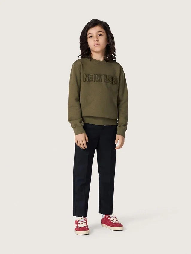 Goldenes Unisex-Sweatshirt aus militärgrüner Baumwolle mit umgekehrtem Logo