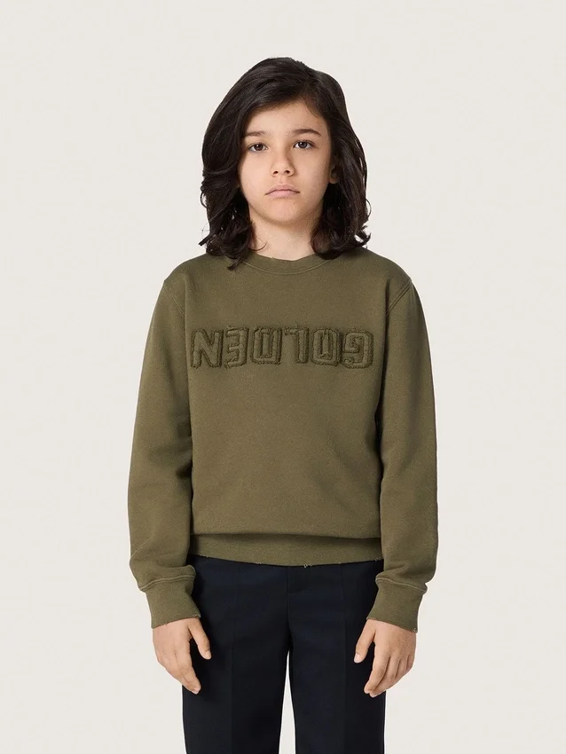Goldenes Unisex-Sweatshirt aus militärgrüner Baumwolle mit umgekehrtem Logo