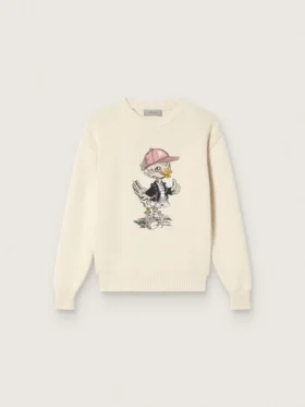 Goldfarbener Mädchenpullover aus weissem Baumwollgarn mit Maskottchen-Stickerei