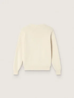 Goldfarbener Mädchenpullover aus weissem Baumwollgarn mit Maskottchen-Stickerei