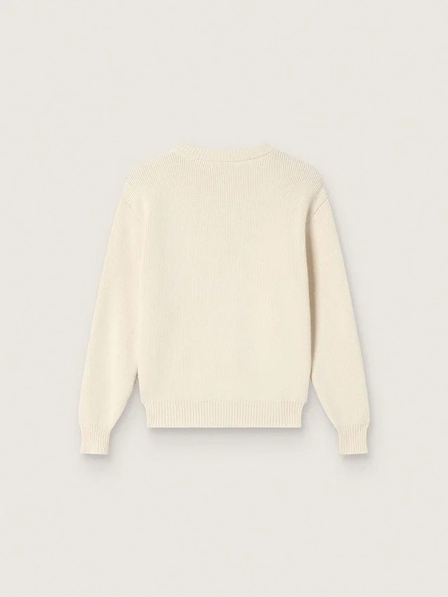 Goldfarbener Mädchenpullover aus weissem Baumwollgarn mit Maskottchen-Stickerei
