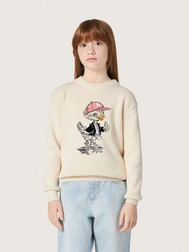 Goldfarbener Mädchenpullover aus weissem Baumwollgarn mit Maskottchen-Stickerei