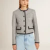 Graue Damenjacke aus Wolle und Seide mit schwarzem Wildlederbesatz