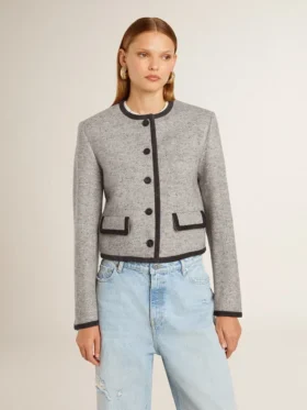 Graue Damenjacke aus Wolle und Seide mit schwarzem Wildlederbesatz