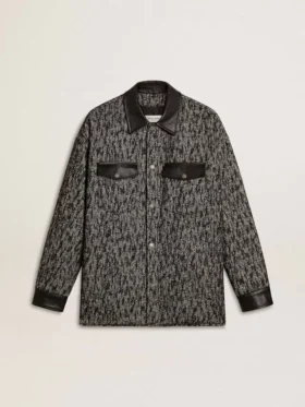 Graue Jacke im Fischgrätenmuster mit schwarzen Lederdetails