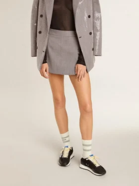 Graue Minishorts für Damen aus Wolle mit Hahnentrittmuster