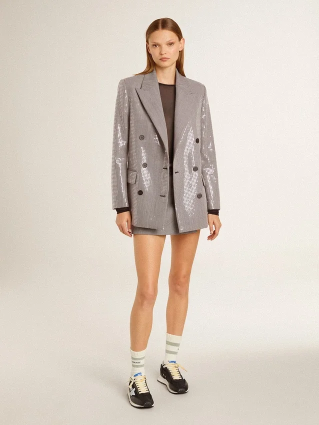 Graue Minishorts für Damen aus Wolle mit Hahnentrittmuster