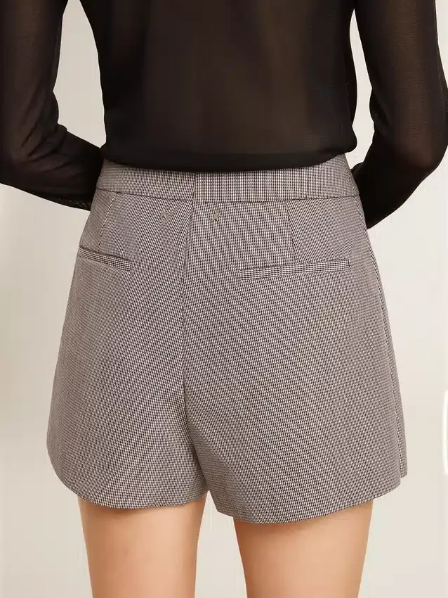 Graue Minishorts für Damen aus Wolle mit Hahnentrittmuster