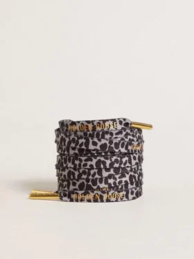 Graue und schwarze Schnürsenkel mit Animal-Print und kontrastierendem goldenem Logo
