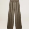 Grüne Damenhose aus einer Viskose-Seidenmischung mit Blumenmuster