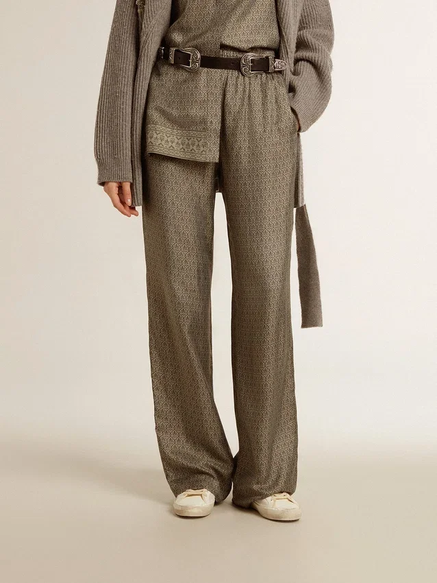 Grüne Damenhose aus einer Viskose-Seidenmischung mit Blumenmuster