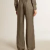 Grüne Damenhose aus einer Viskose-Seidenmischung mit Blumenmuster