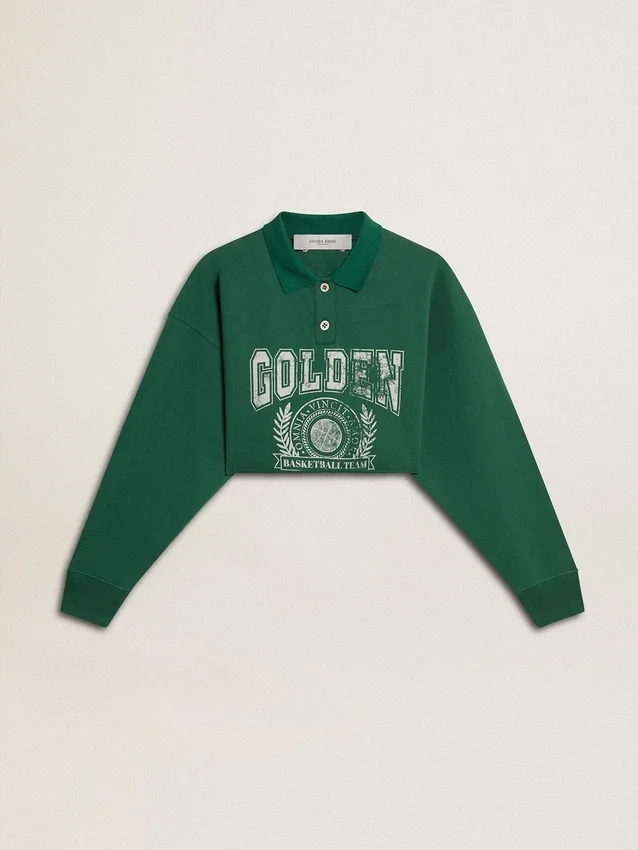 Grünes, kurzes Polo-Sweatshirt für Damen mit Aufdruck