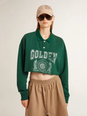 Grünes, kurzes Polo-Sweatshirt für Damen mit Aufdruck