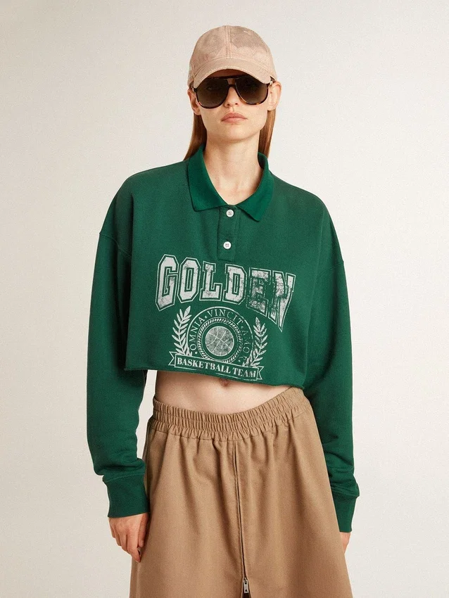 Grünes, kurzes Polo-Sweatshirt für Damen mit Aufdruck