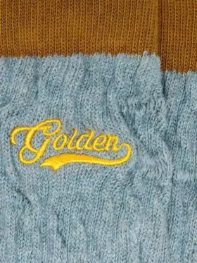 Hellblaue gerippte Socken mit braunen Details und gelbem Logo