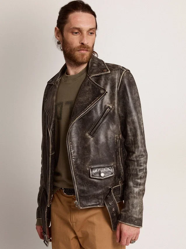 Herren-Bikerjacke aus Distressed-Leder