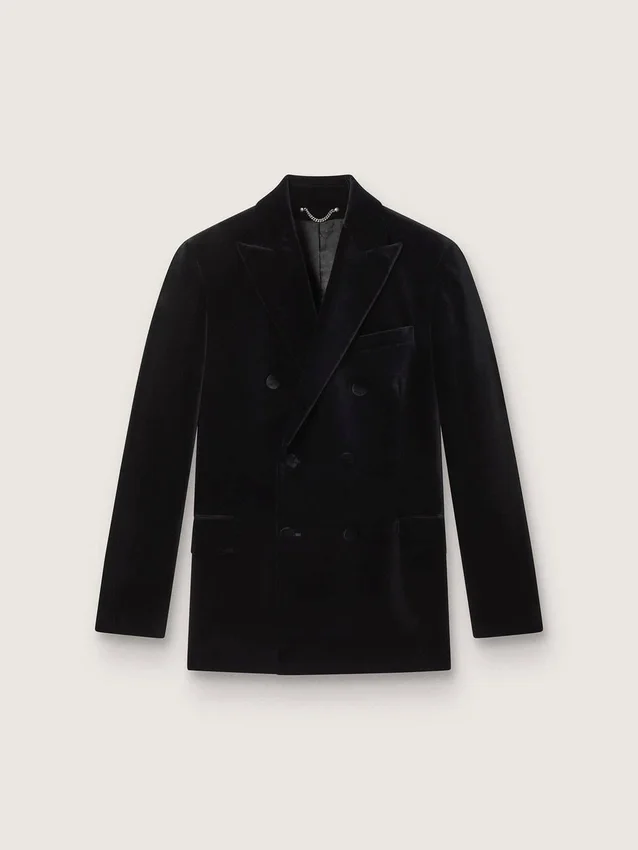 Herren-Blazer aus schwarzem Samt mit schwarzen Satinrevers